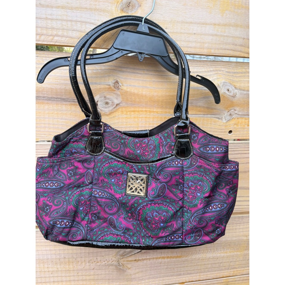 Purple Paisley Nylon Shoulder Bag Black Patent Croc Trim Side Pockets